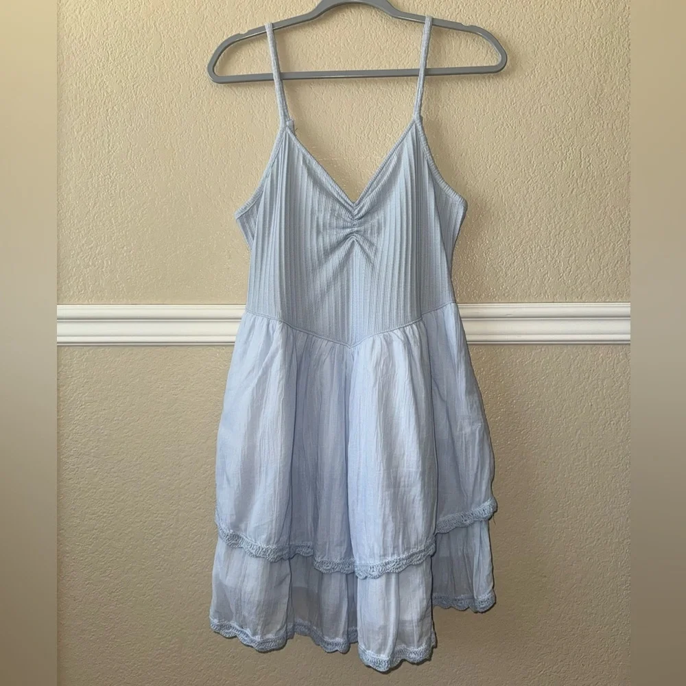 Aerie V Waist Cotton Mini Dress Light Blue Large - Picture 2 of 11